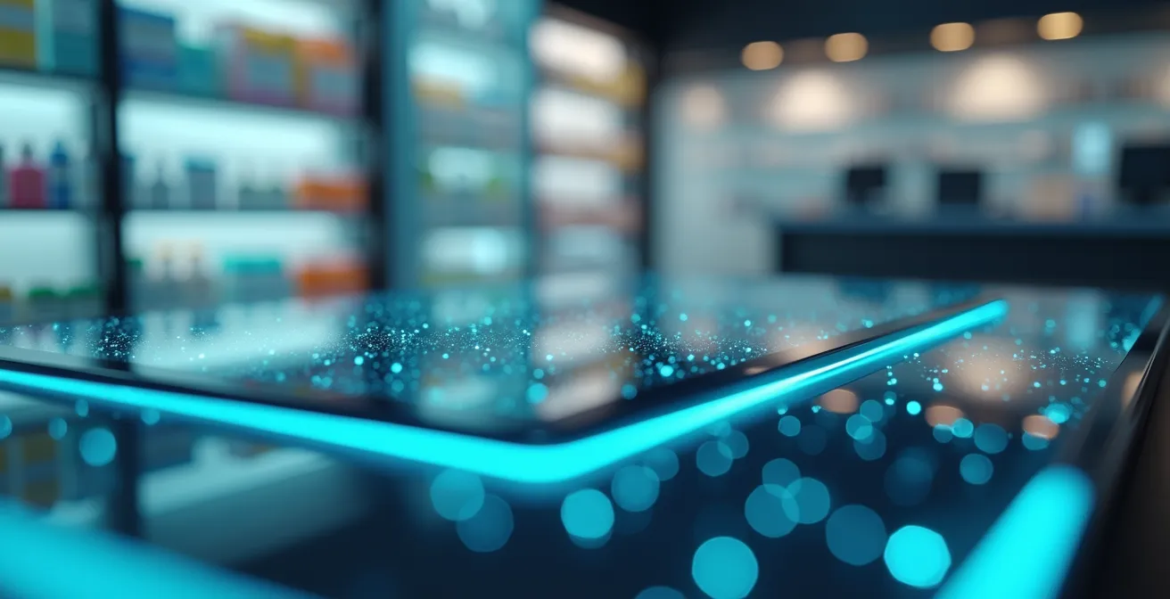 Gros plan sur un écran tactile de caisse moderne avec reflets et textures