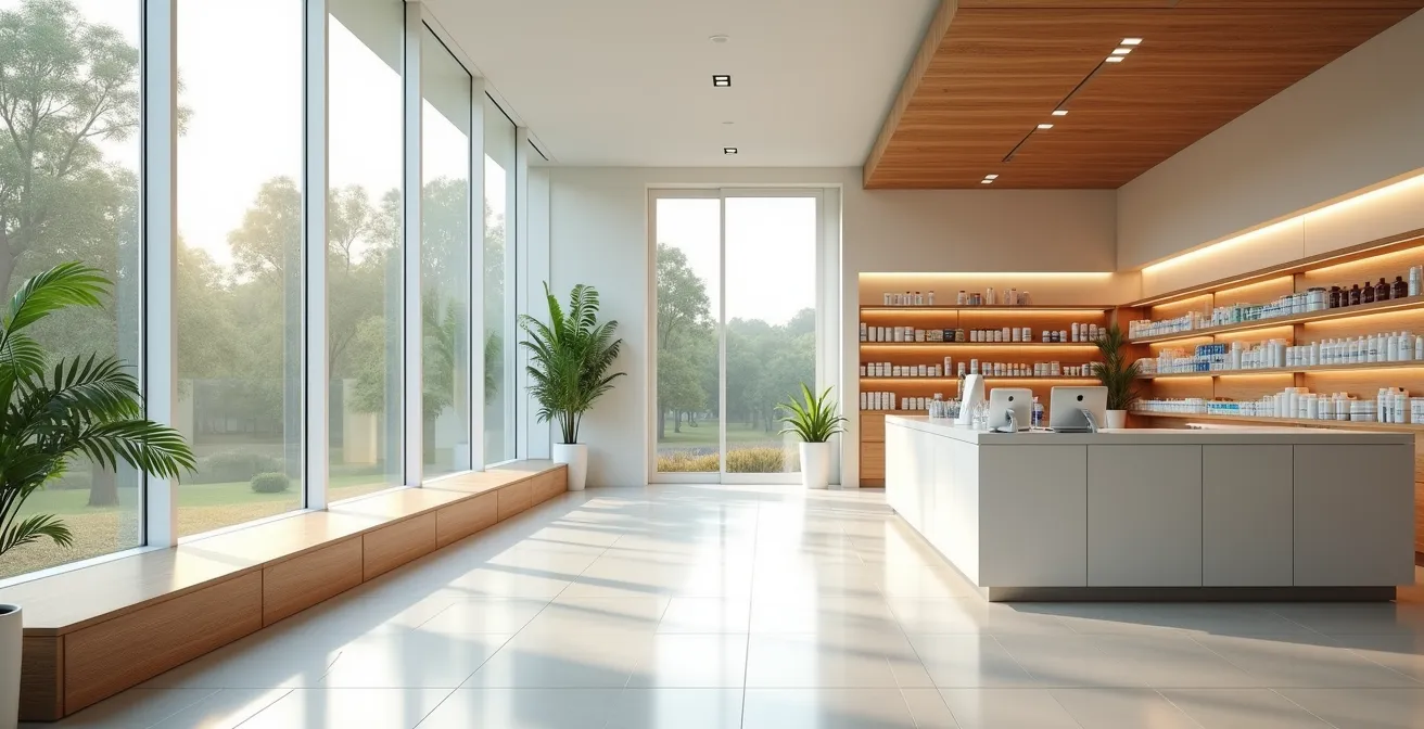 Vue large d'une pharmacie moderne avec architecture épurée et espace lumineux