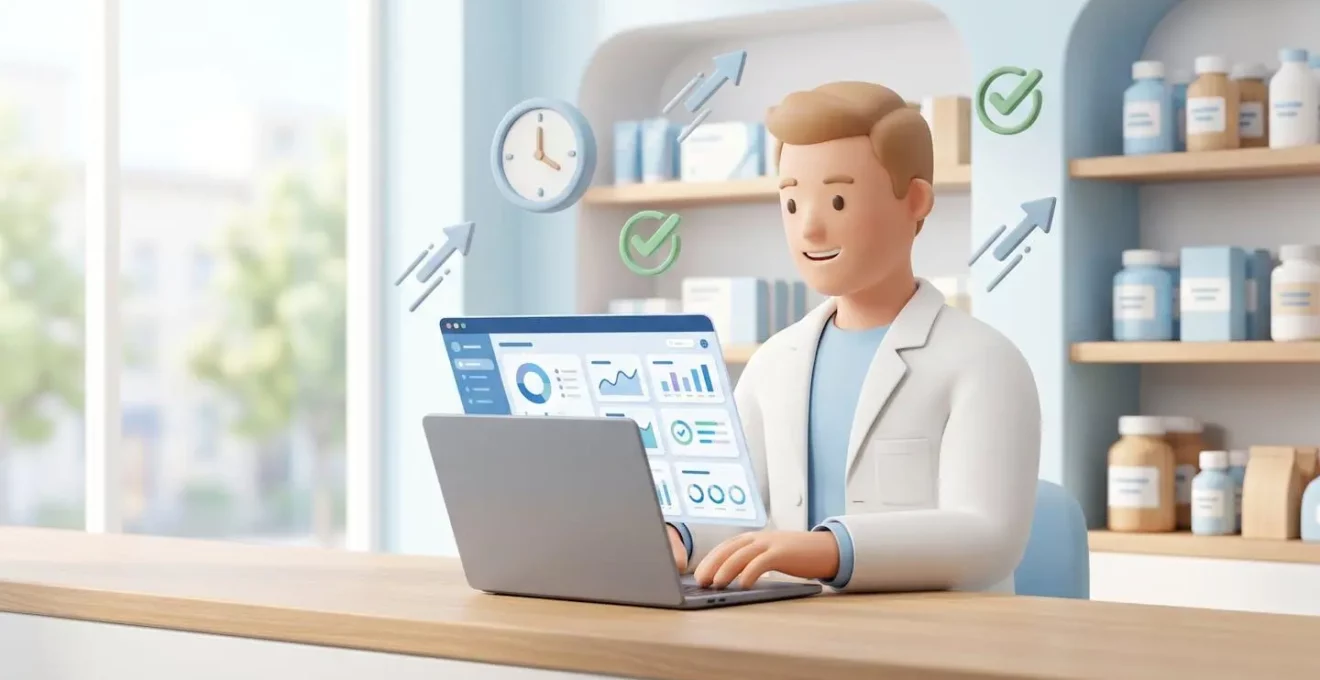 Pharmacien travaillant sur un logiciel de gestion moderne dans une officine lumineuse