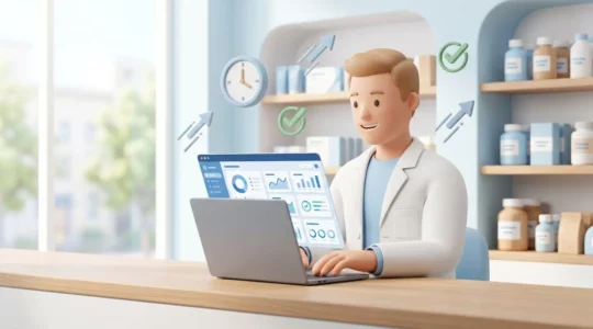 Pharmacien travaillant sur un logiciel de gestion moderne dans une officine lumineuse